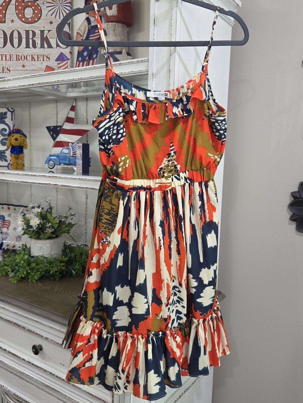 Forever 21 Navy, Orange & Cream Printed Ruffle Sundress